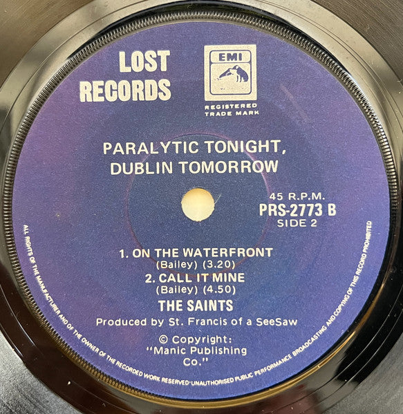 The Saints (2) : Paralytic Tonight, Dublin Tomorrow (7", EP, Yel)