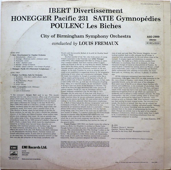 Louis Frémaux Conducts City Of Birmingham Symphony Orchestra : Divertissement / Les Biches / Pacific 231 / Gymnopédies 1 & 3 (LP, B&W)