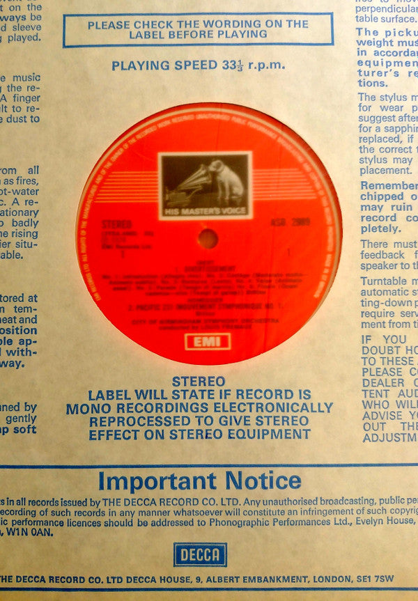 Louis Frémaux Conducts City Of Birmingham Symphony Orchestra : Divertissement / Les Biches / Pacific 231 / Gymnopédies 1 & 3 (LP, B&W)