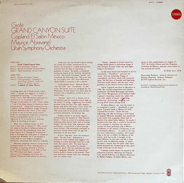 Ferde Grofé / Aaron Copland | Utah Symphony Orchestra, Maurice Abravanel : Grand Canyon Suite / El Salón México (LP, Album, Club)