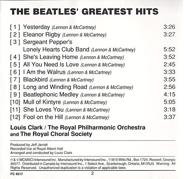 Royal Philharmonic Orchestra And The Royal Choral Society Conducted By Louis Clark : The Beatles' Greatest Hits (CD, Album, RE, Dis)