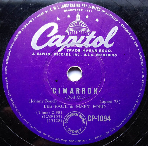 Les Paul & Mary Ford : Cimarron (Roll On) / San Antonio Rose (Shellac, 10")