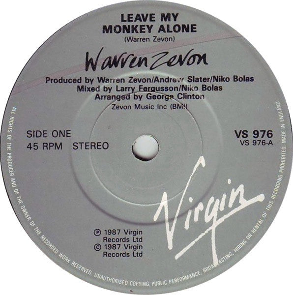 Warren Zevon : Leave My Monkey Alone (7")
