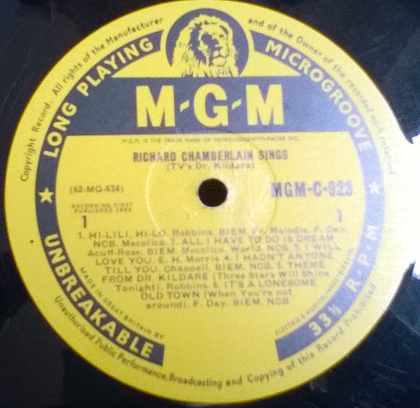 Richard Chamberlain : Richard Chamberlain Sings (TV's Dr. Kildare) (LP, Album, Mono)