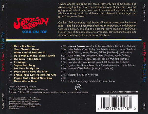 James Brown With Oliver Nelson Conducting Louie Bellson Orchestra : Soul On Top (CD, Album, RE)