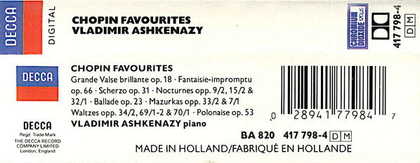 Frédéric Chopin - Vladimir Ashkenazy : Chopin Favourites (Cass, Comp, Chr)