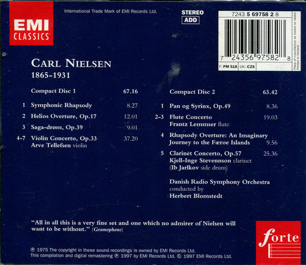 Nielsen* - Arve Tellefsen / Frantz Lemmser* / Kjell-Inge Stevennson*, Danish Radio Symphony Orchestra*, Herbert Blomstedt : Violin Concerto / Flute Concerto / Clarinet Concerto (Orchestral Works) (2xCD, Comp, RE)