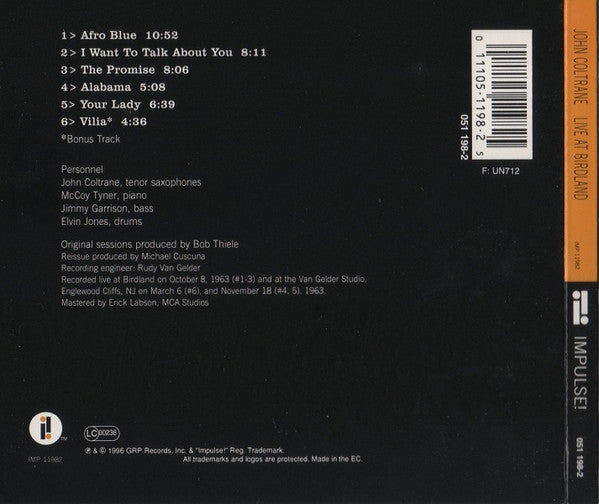 John Coltrane : Live At Birdland (CD, Album, RE, RM)