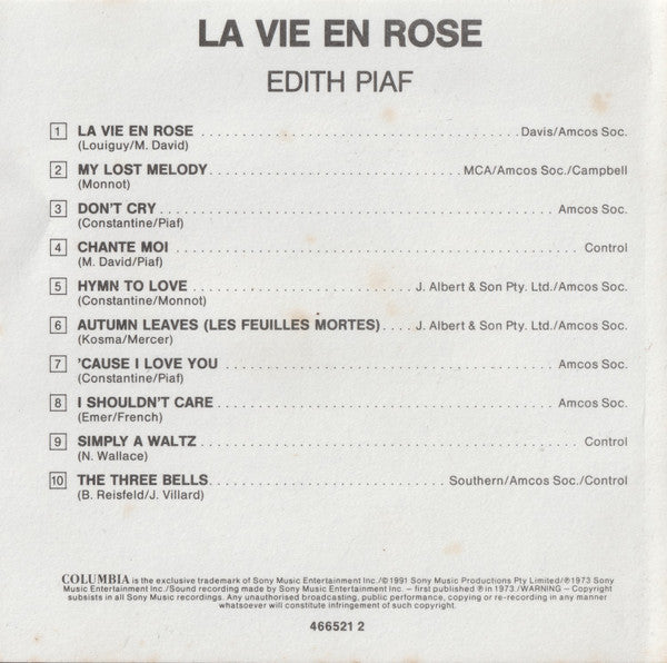 Edith Piaf : La Vie En Rose  (CD, Album, RE)