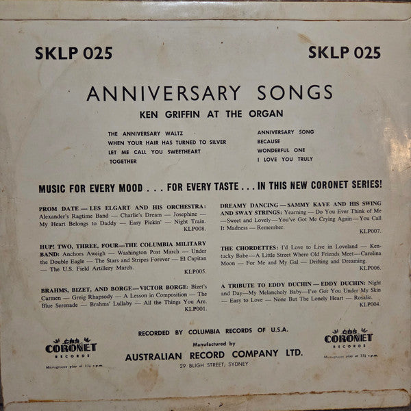 Ken Griffin (2) : Anniversary Songs - Ken Griffin At The Organ (10", Mono)