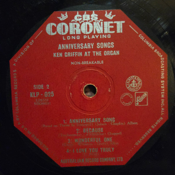 Ken Griffin (2) : Anniversary Songs - Ken Griffin At The Organ (10", Mono)