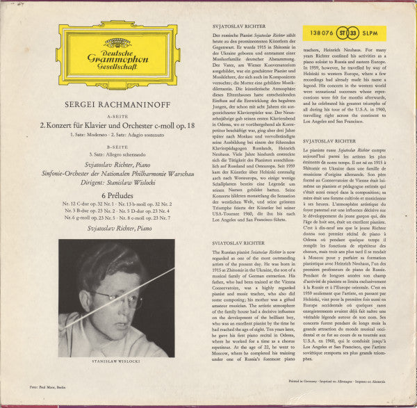 Svjatoslav Richter* : Rachmaninoff* : Klavierkonzert Nr. 2 In C-moll • Piano-Concerto No. 2 In C Minor / 6 Preludes (LP, Album, RP)