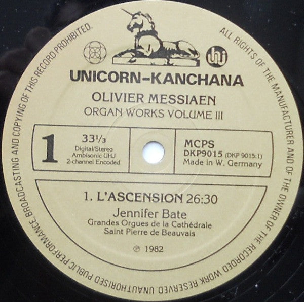Olivier Messiaen - Jennifer Bate : Organ Works Volume III (L'Ascension / Apparition De L'Eglise Eternelle / Diptyque) (LP, Amb)
