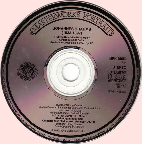 Brahms* / Budapest String Quartet - David Oppenheim : Brahms : Quartet Op. 67 / Clarinet Quintet Op. 115 (CD, Album, Comp, RE, RM)