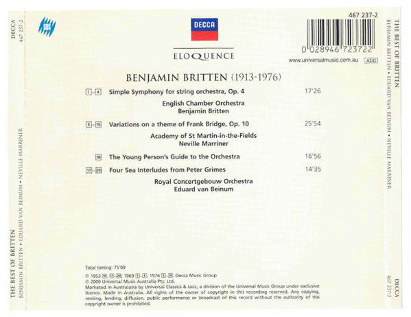 Benjamin Britten / Eduard van Beinum / Neville Marriner* : The Best Of Britten (Simple Symphony / The Young Person's Guide To The Orchestra / Variations On A Theme Of Frank Bridge / Peter Grimes Four Sea Interludes) (CD, Comp)
