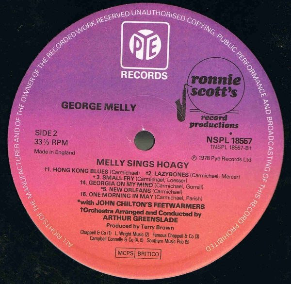 George Melly With John Chilton's Feetwarmers : Ronnie Scott's Presents Melly Sings Hoagy (LP, Album)