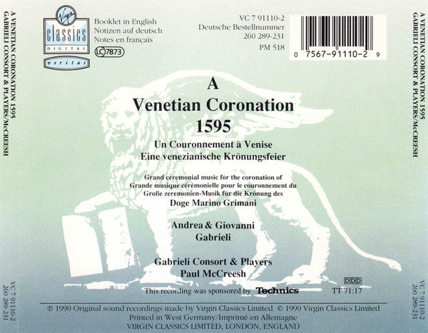 Andrea Gabrieli / Giovanni Gabrieli - Gabrieli Consort, Paul McCreesh : A Venetian Coronation 1595 (CD, Album)
