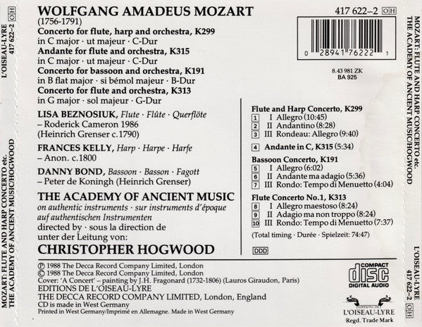 Mozart* • Lisa Beznosiuk • Frances Kelly • Danny Bond (2) • The Academy Of Ancient Music • Christopher Hogwood : Flute And Harp Concerto • Flute Concerto No. 1 • Andante In C • Bassoon Concerto (CD, Album)