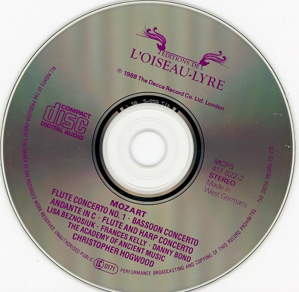Mozart* • Lisa Beznosiuk • Frances Kelly • Danny Bond (2) • The Academy Of Ancient Music • Christopher Hogwood : Flute And Harp Concerto • Flute Concerto No. 1 • Andante In C • Bassoon Concerto (CD, Album)