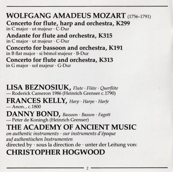 Mozart* • Lisa Beznosiuk • Frances Kelly • Danny Bond (2) • The Academy Of Ancient Music • Christopher Hogwood : Flute And Harp Concerto • Flute Concerto No. 1 • Andante In C • Bassoon Concerto (CD, Album)