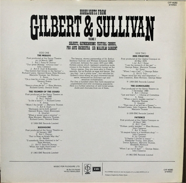 Gilbert & Sullivan, Glyndebourne Festival Chorus, Pro Arte Orchestra Of London, Sir Malcolm Sargent : Highlights From Gilbert & Sullivan Volume 3 (LP, Comp, RE)