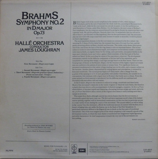 Johannes Brahms, Hallé Orchestra , Conductor James Loughran : Symphony No.2 In D Major (LP)