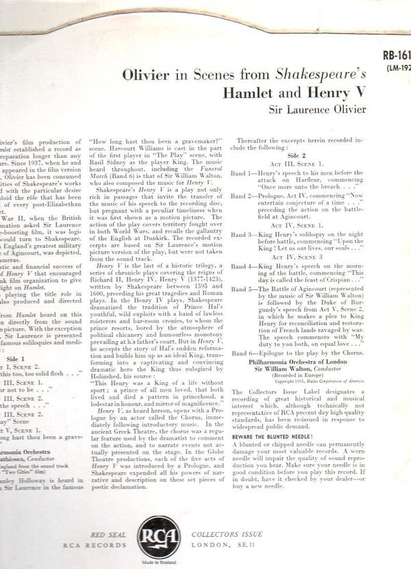 Olivier* : In Scenes From Shakespreare's Hamlet And Henry V (LP, Album, RE)