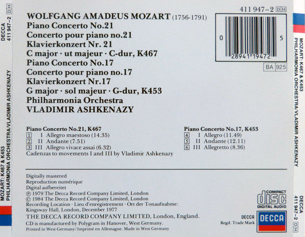 Wolfgang Amadeus Mozart / Vladimir Ashkenazy, Philharmonia Orchestra : Piano Concertos · Klavierkonzerte No. 21, K467 & No. 17, K453 (CD, Album, RE)