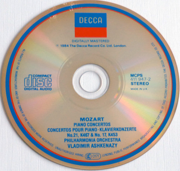 Wolfgang Amadeus Mozart / Vladimir Ashkenazy, Philharmonia Orchestra : Piano Concertos · Klavierkonzerte No. 21, K467 & No. 17, K453 (CD, Album, RE)