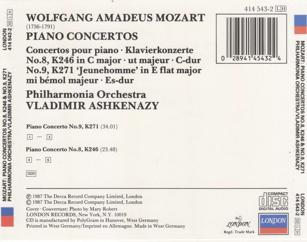 Mozart* / Vladimir Ashkenazy, Philharmonia Orchestra : Piano Concertos No. 8, K246 & No. 9, K271 (CD, Album)