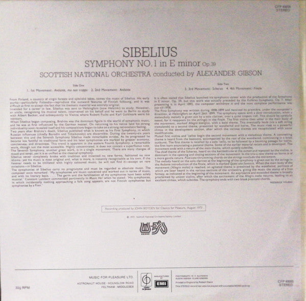 Sibelius* - Scottish National Orchestra*, Alexander Gibson : Symphony No.1 In E Minor, Op. 39 (LP, Album)