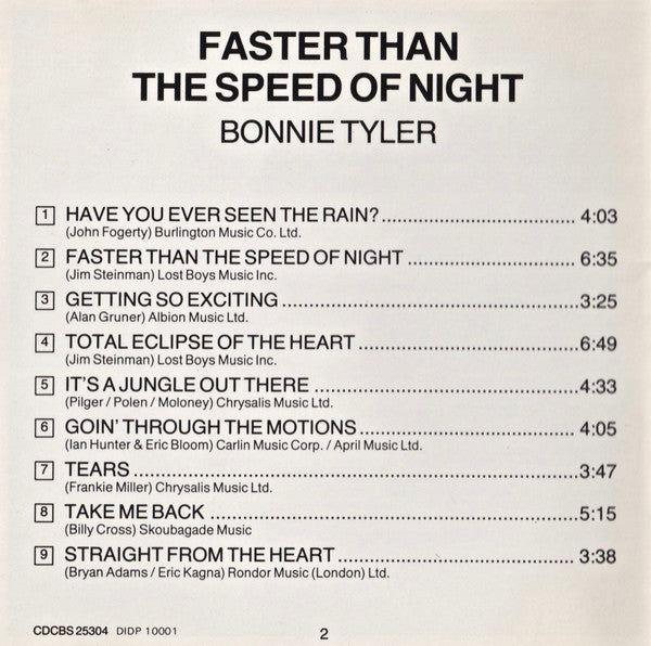 Bonnie Tyler : Faster Than The Speed Of Night (CD, Album, CSR)