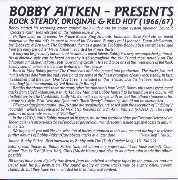 Bobby Aitken : Rock Steady, Original And Red Hot (1966/67) (CD, Comp)