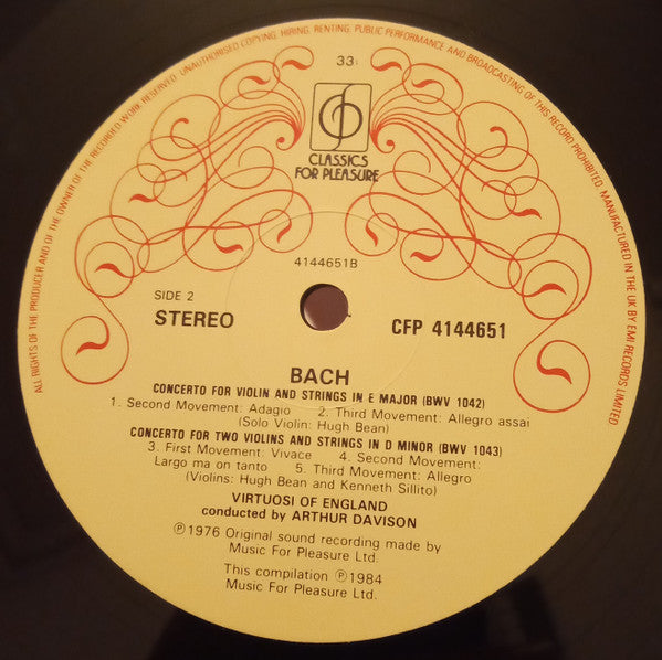 Johann Sebastian Bach Performed By Hugh Bean and Kenneth Sillito and The Virtuosi Of England conducted by Arthur Davison : Violin Concertos (LP)
