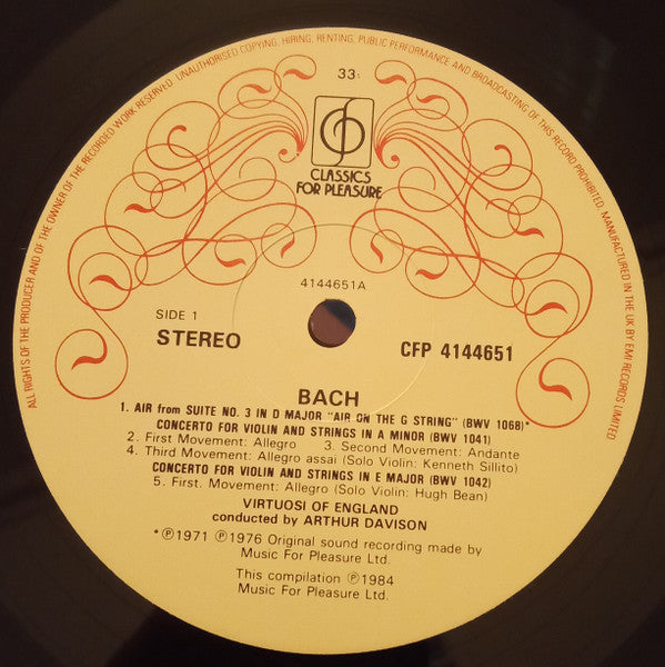 Johann Sebastian Bach Performed By Hugh Bean and Kenneth Sillito and The Virtuosi Of England conducted by Arthur Davison : Violin Concertos (LP)