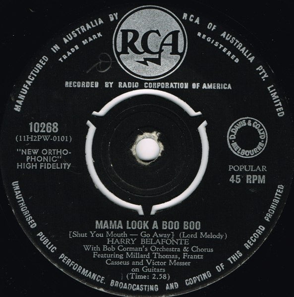 Harry Belafonte With Bob Corman's Orchestra And Chorus : Mama Look A Boo Boo / Don't Ever Love Me (7", Single)