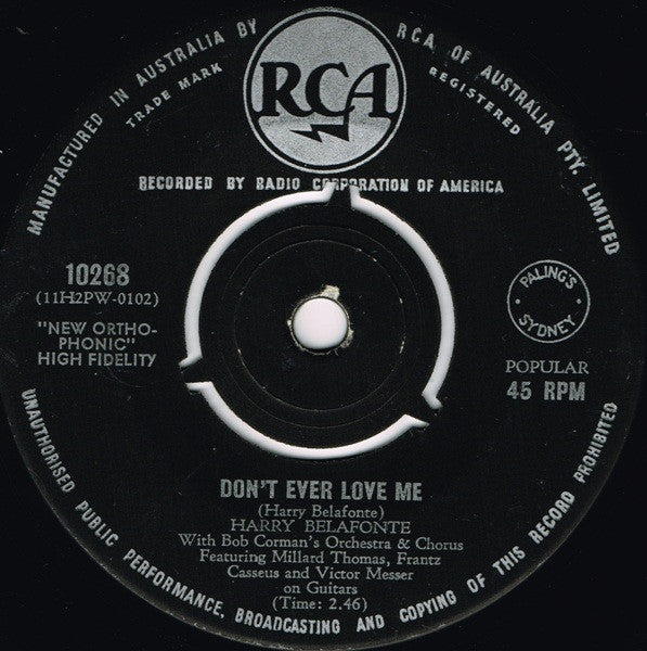 Harry Belafonte With Bob Corman's Orchestra And Chorus : Mama Look A Boo Boo / Don't Ever Love Me (7", Single)