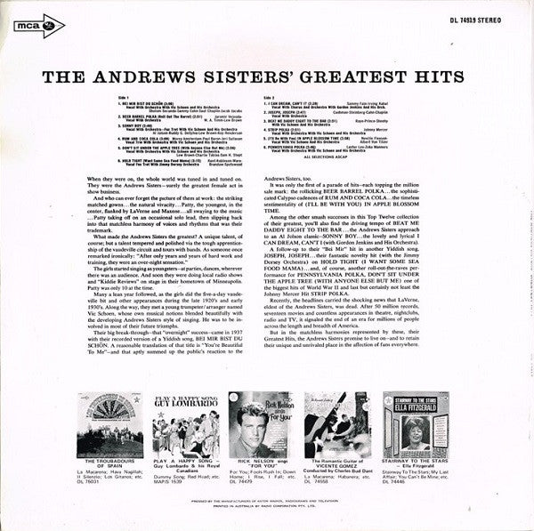 The Andrews Sisters : The Andrews Sisters' Greatest Hits (LP, Comp, RE)