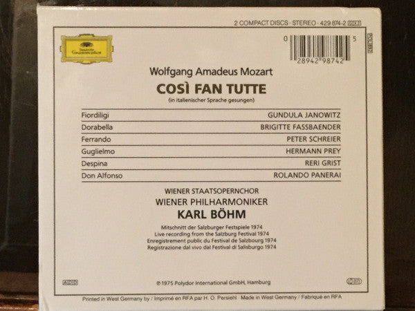 Mozart* - Gundula Janowitz • Brigitte Fassbaender • Reri Grist • Peter Schreier • Hermann Prey • Rolando Panerai • Wiener Staatsopernchor • Wiener Philharmoniker • Karl Böhm : Così Fan Tutte (2xCD, Album, RE, RM + Box, Sli)