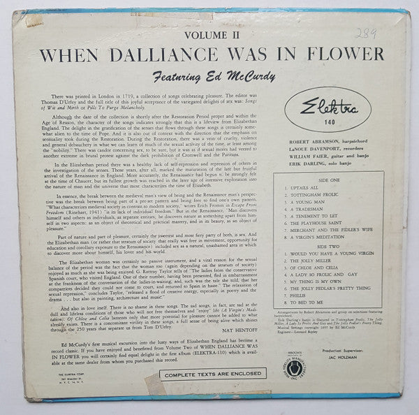 Ed McCurdy : When Dalliance Was In Flower And Maidens Lost Their Heads, Volume II (LP, Mono, Fir)