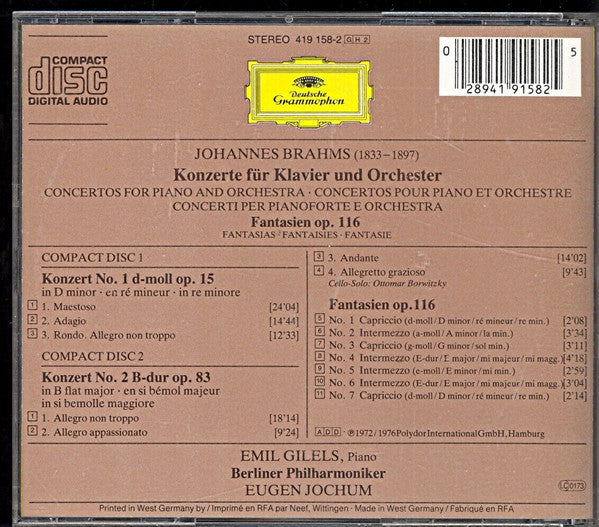 Johannes Brahms - Emil Gilels, Berliner Philharmoniker, Eugen Jochum : Die Klavierkonzerte / 7 Fantasien Op. 116 (2xCD, Album, Comp, RE)