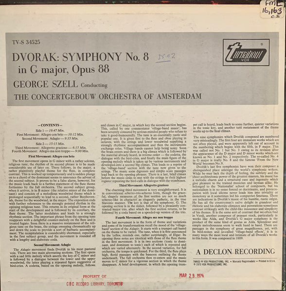 Antonín Dvořák, George Szell Conducts Concertgebouworkest : Symphony No. 8 In G Major, Op. 88 (LP, RE)