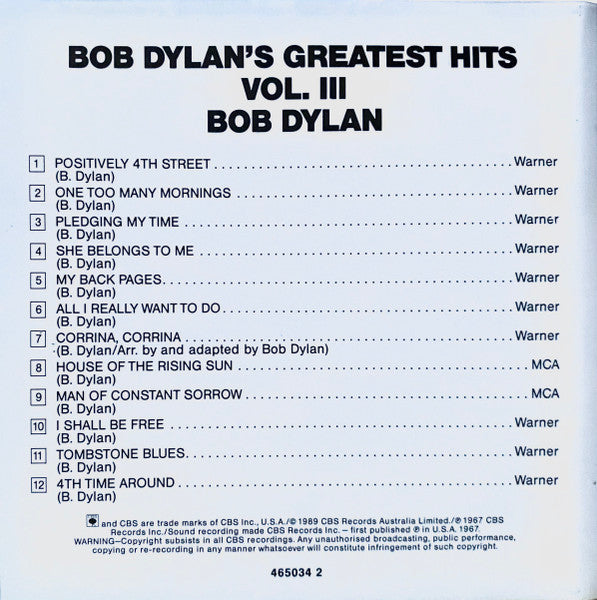 Bob Dylan : Bob Dylan's Greatest Hits Vol. III (CD, Comp, RE)