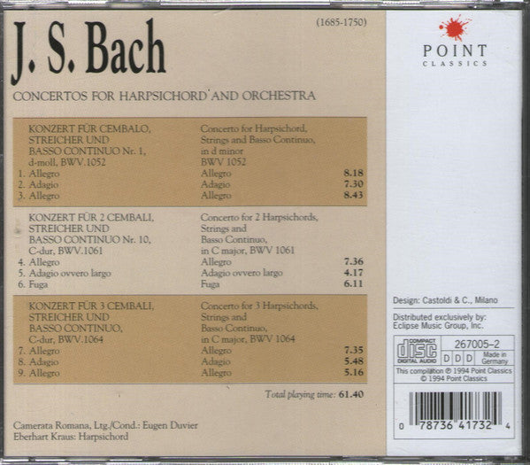 Johann Sebastian Bach, Camerata Romana / Eugen Duvier - Eberhard Kraus : Concertos For Harpsichord And Orchestra (CD, Album)