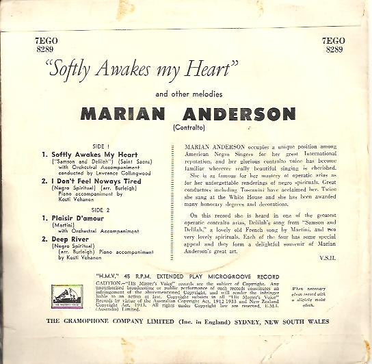 Marian Anderson : Softly Awakes My Heart And Other Melodies (7", EP, Mono)