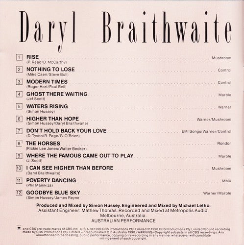 Daryl Braithwaite : Rise (CD, Album, RE)