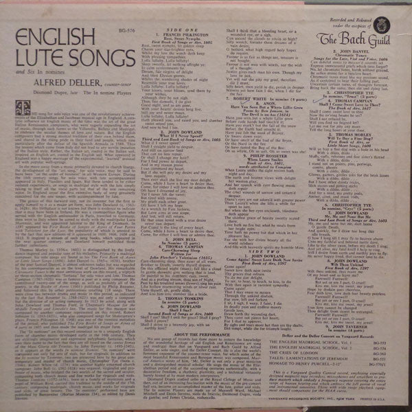 Alfred Deller : English Lute Songs (And Six In Nomines) (LP, Album)