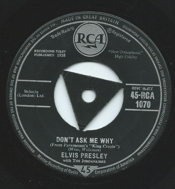 Elvis Presley With The Jordanaires : Hard Headed Woman (7", Single, Tri)