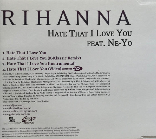 Rihanna Feat. Ne-Yo : Hate That I Love You (CD, Single, Enh)