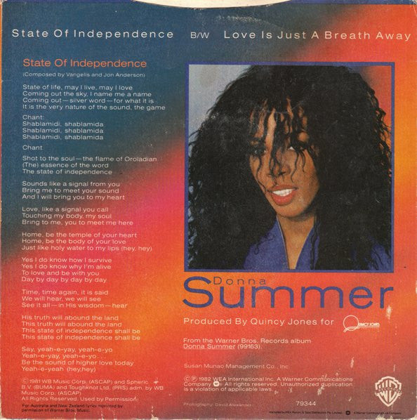 Donna Summer : State Of Independence (7", Single)